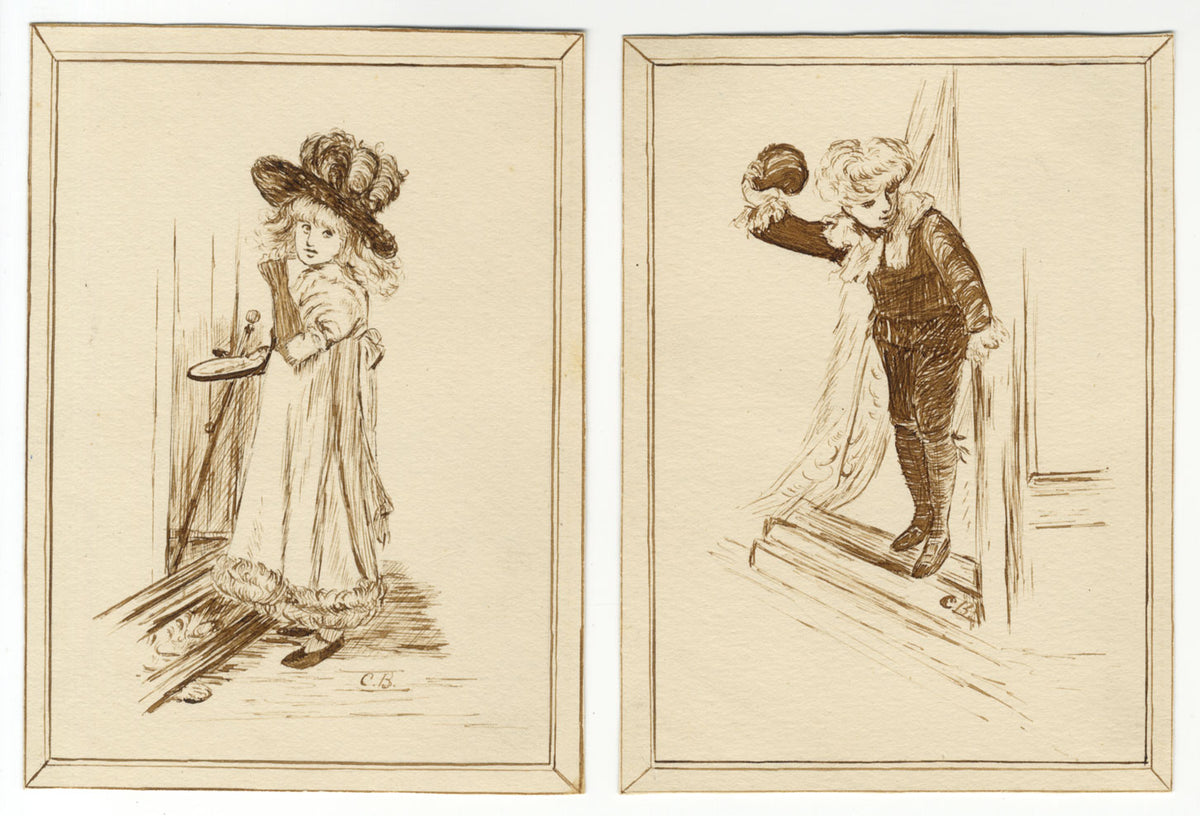 C.B., Edwardian Children Pair of Figure Studies – 1902 pen & ink drawing