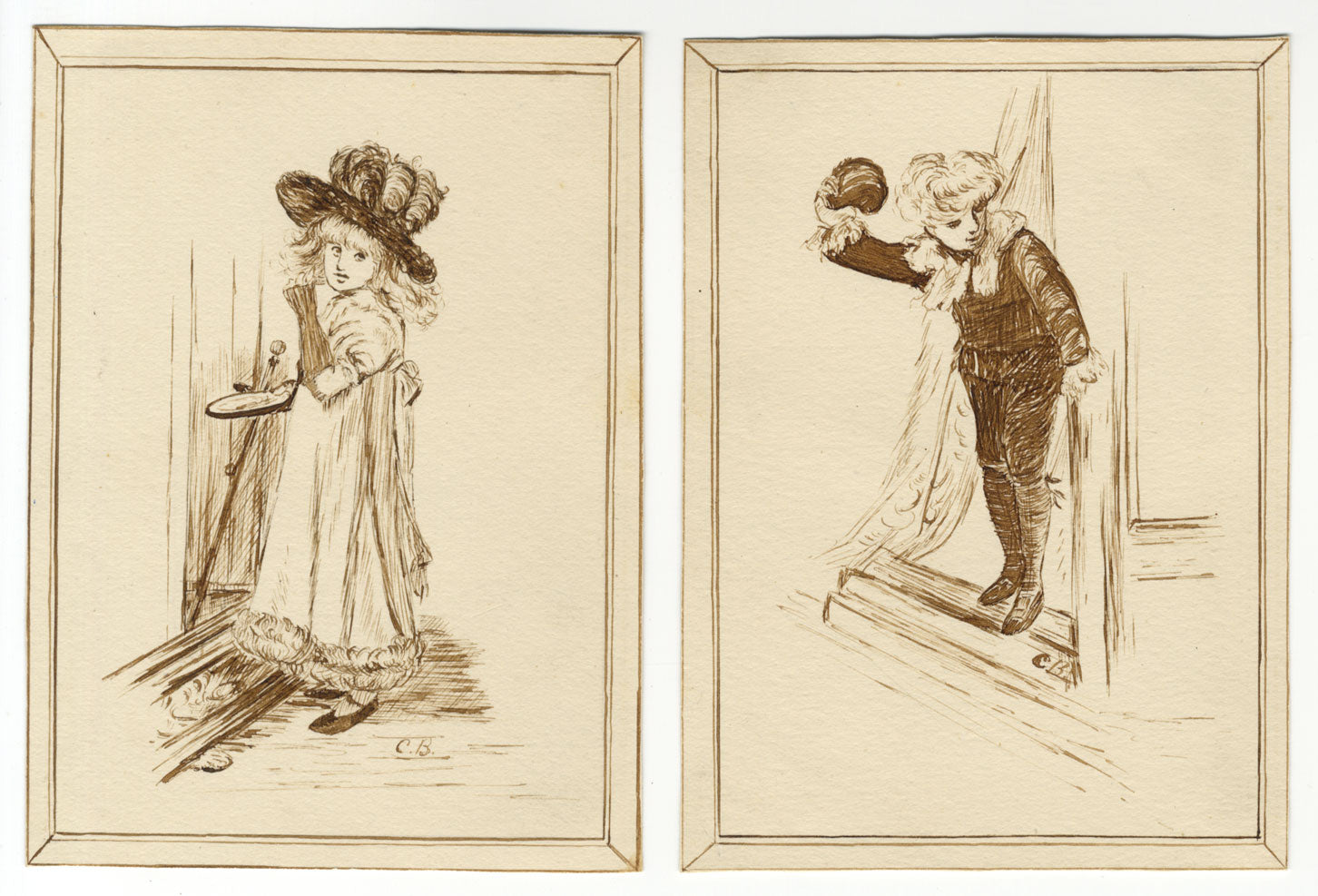 C.B., Edwardian Children Pair of Figure Studies – 1902 pen & ink drawing