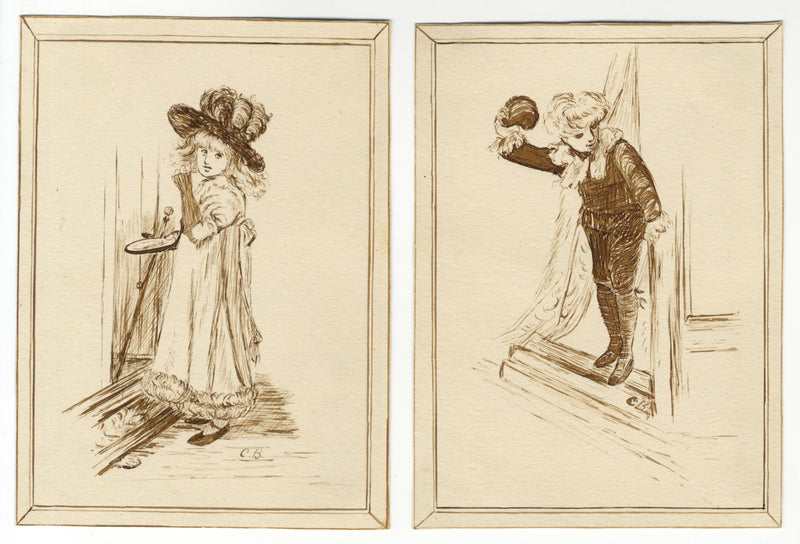 C.B., Edwardian Children Pair of Figure Studies – 1902 pen & ink drawing