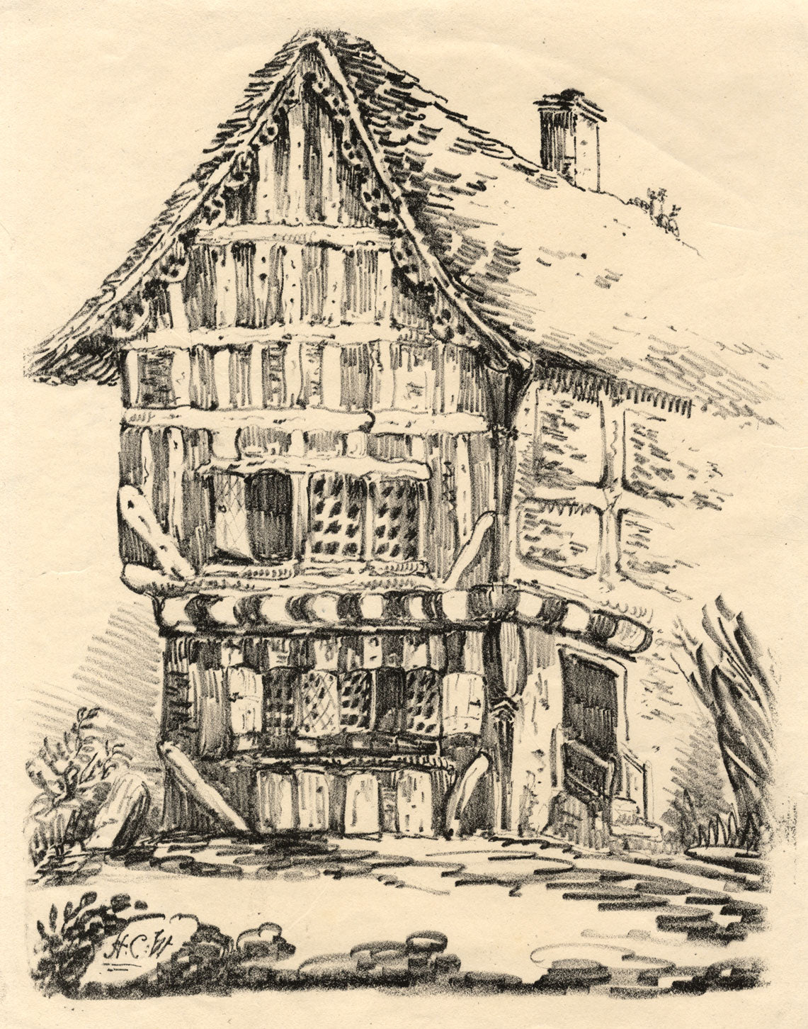 H.C.W., Half-timbered House Study – Original early 19th-century lithograph print