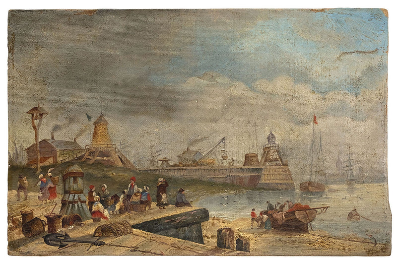 Fishing Harbour Scene, Brittany – Original late 19th-century oil painting