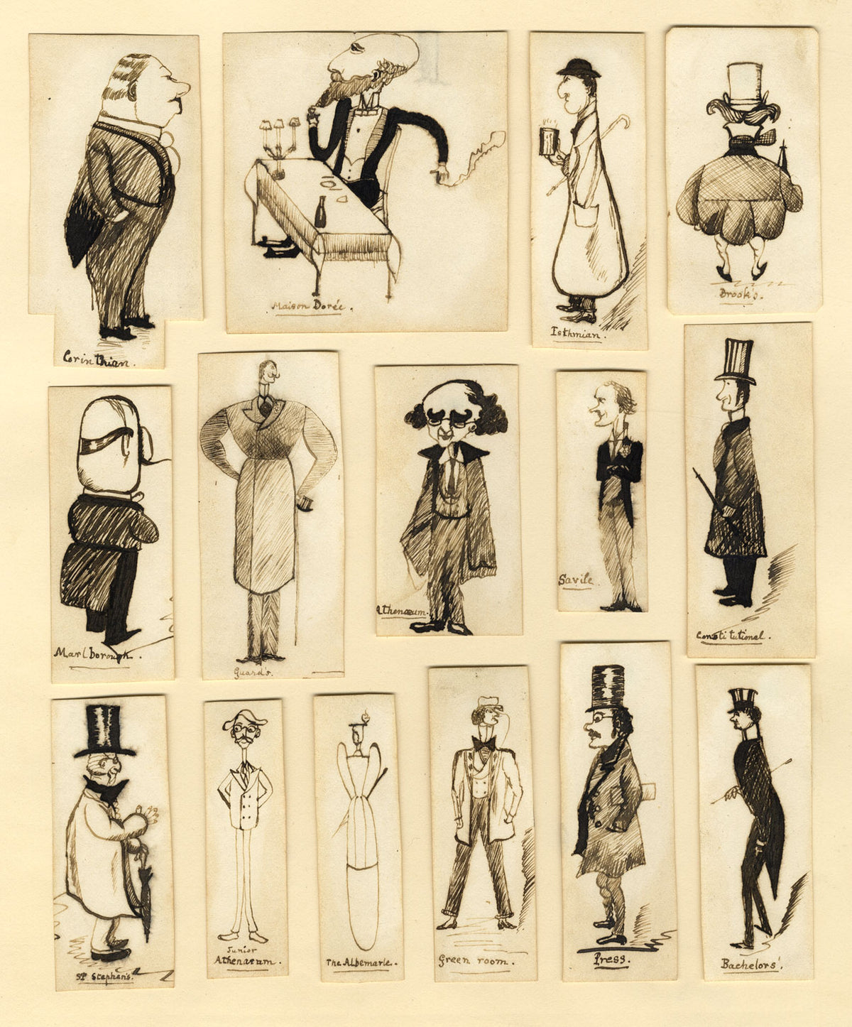 Max Beerbohm's London Club Types –Set of 15 late 19th-century pen & ink drawings
