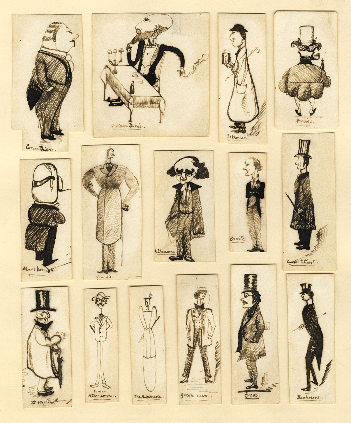 Max Beerbohm's London Club Types –Set of 15 late 19th-century pen & ink drawings