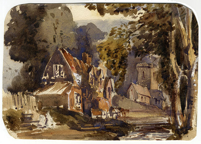 Strada del villaggio con cavallo e carro – miniatura, acquerello di inizio XIX secolo