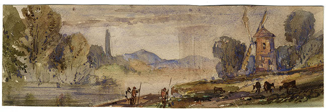 Paesaggio con mulino a vento – Miniatura, acquerello di inizio XIX secolo