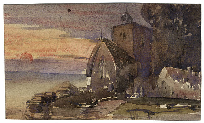 Iglesia costera al atardecer: miniatura de acuarela de principios del siglo XIX