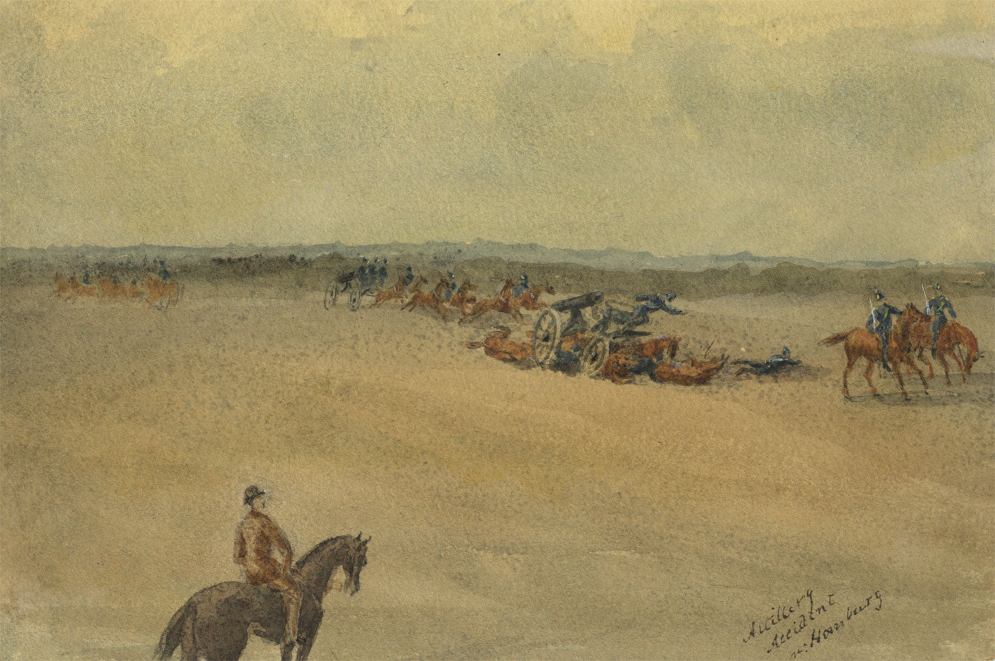 Artillery Accident near Hamburg – Original 19th-century watercolour painting