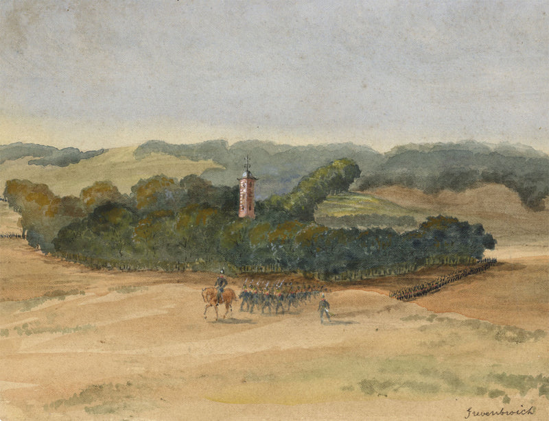 Soldiers at Grevenbroich, Germany – Original 19th-century watercolour painting