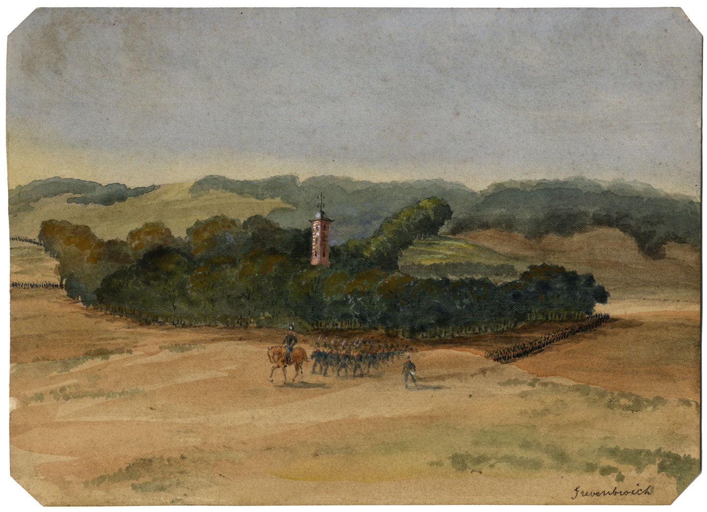 Soldati a Grevenbroich, Germania – Acquerello originale del XIX secolo