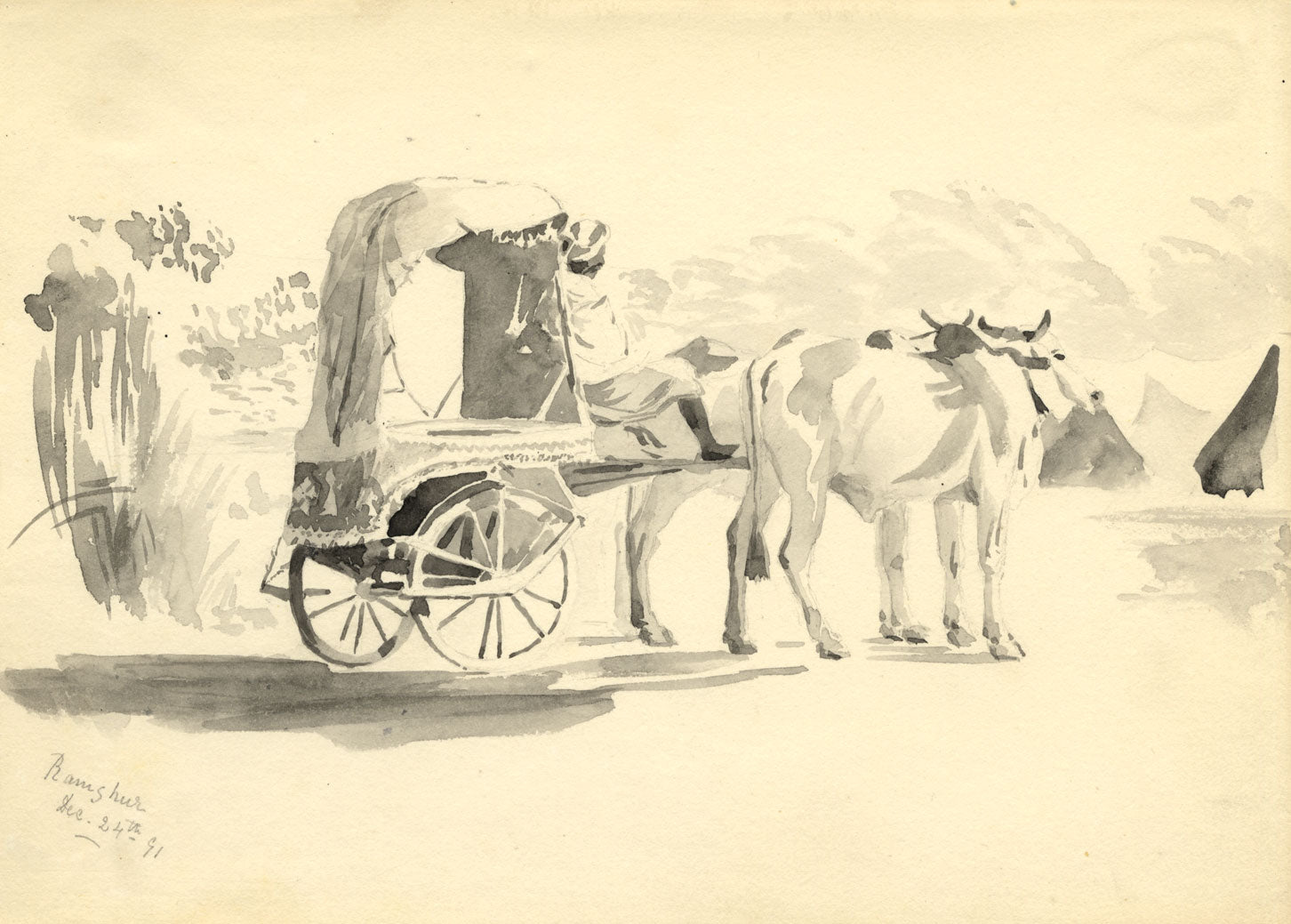 Etta Fraser, Oxen & Cart, Ramgarh, Rajasthan, India – 1891 watercolour painting