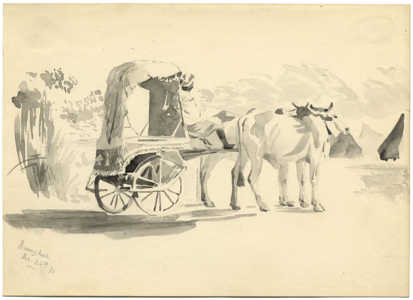 Etta Fraser, Oxen & Cart, Ramgarh, Rajasthan, India – 1891 watercolour painting