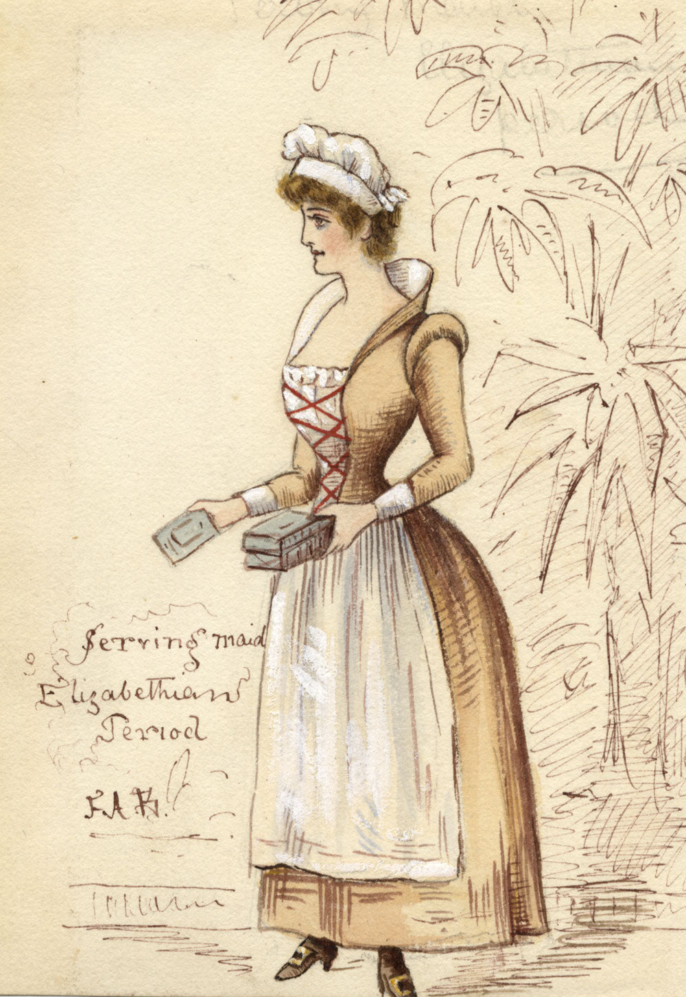 F.A.B., Theatre Costume: Elizabethan Maid – Original 1880s watercolour painting