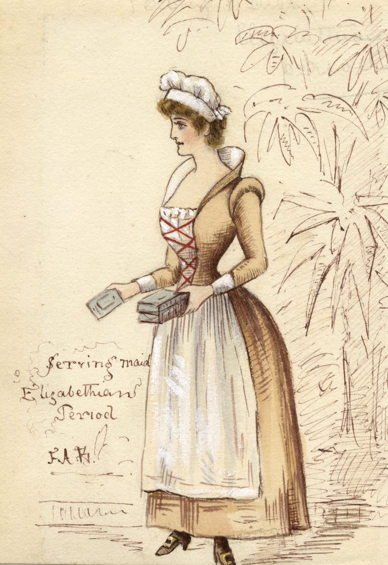 F.A.B., Theatre Costume: Elizabethan Maid – Original 1880s watercolour painting