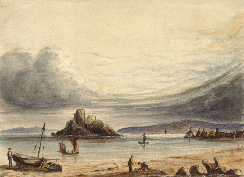 Coastal Landscape with Castle – Original late 19th-century watercolour painting
