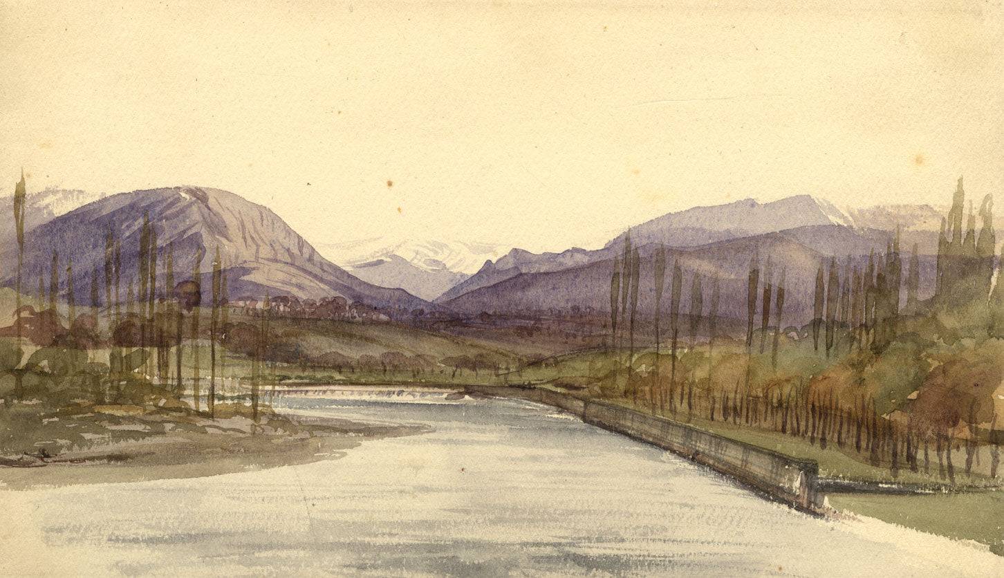Attrib. P.A. Rajon, Ousse from the Bridge at Nay, Pyrenees – C19th watercolour