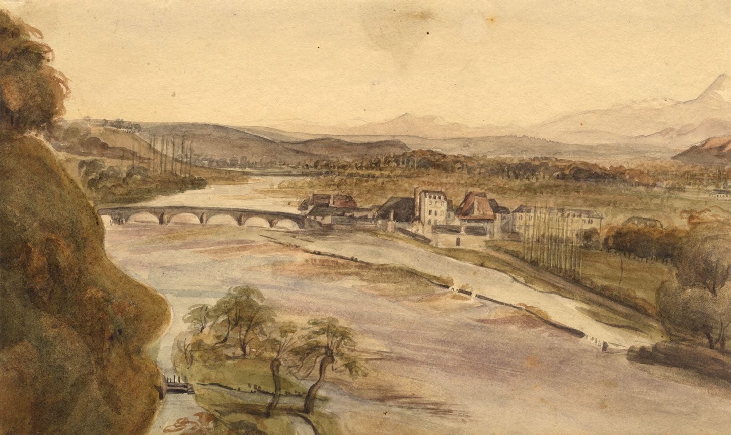 Attrib. P.A. Rajon, Gave de Pau River from the Park, Pyrenees –C19th watercolour