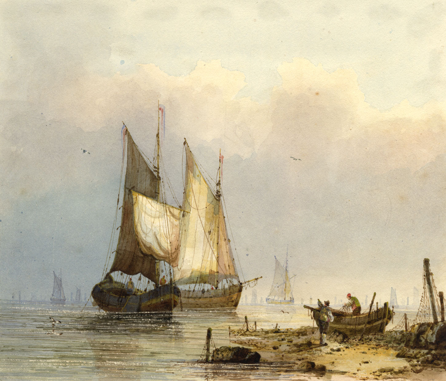 Circle of Louis Thomas Francia, Barges off the Normandy Coast –C19th watercolour