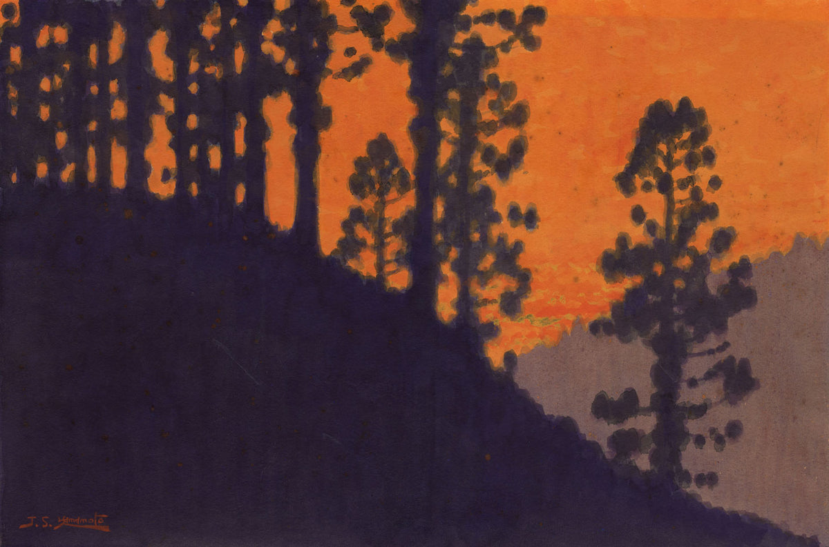 J.S. Yamamoto, Sunset Silhouette Trees – early 20th-century watercolour painting