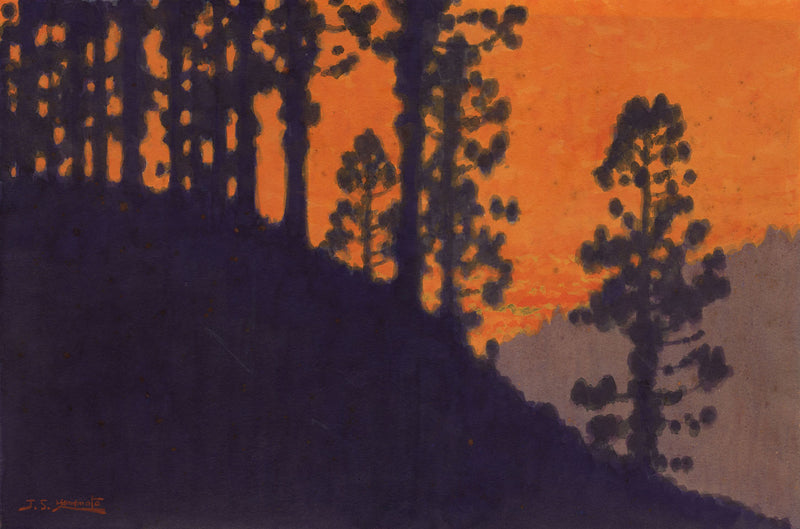 J.S. Yamamoto, Sunset Silhouette Trees – early 20th-century watercolour painting