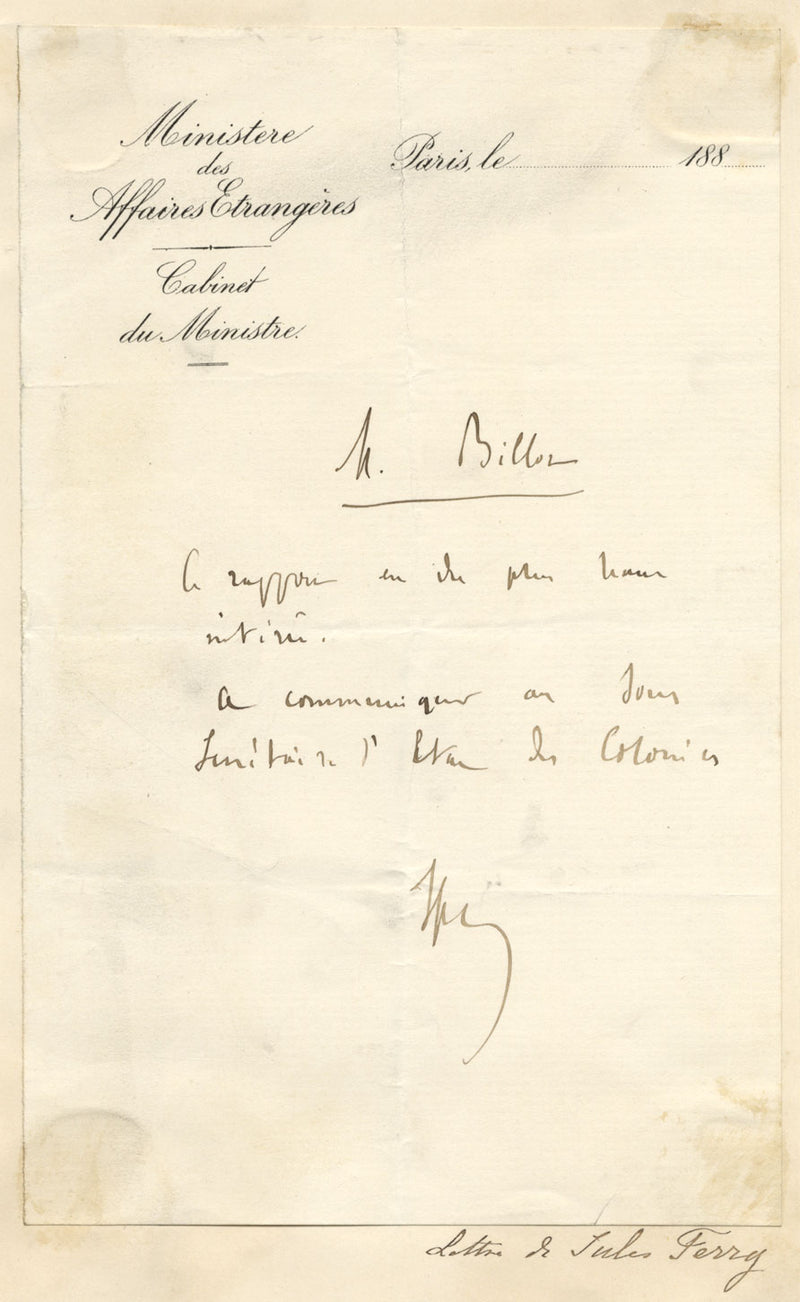 Handwritten Signed Letter from Jules Ferry, French Prime Minister, 1880s