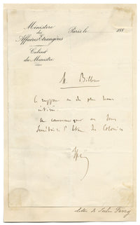 Carta firmada a mano de Jules Ferry, primer ministro francés, década de 1880