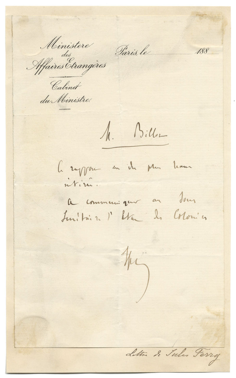 Carta firmada a mano de Jules Ferry, primer ministro francés, década de 1880