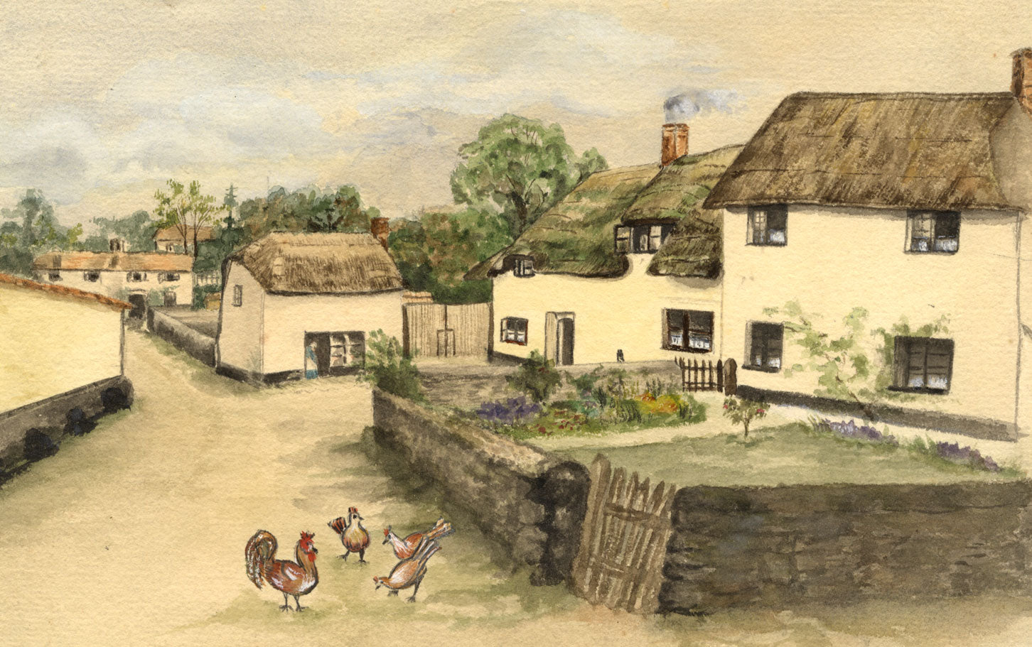 English Village Scene with Chickens – early 20th-century watercolour painting