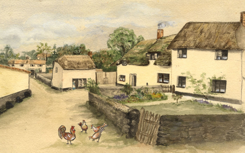 English Village Scene with Chickens – early 20th-century watercolour painting