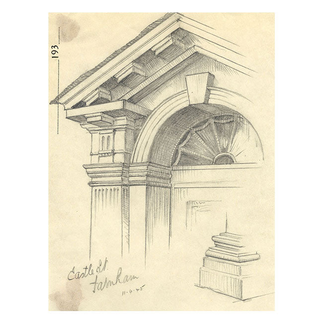 Kenneth E. Wootton, Architecture on Castle Street, Farnham–1945 graphite drawing