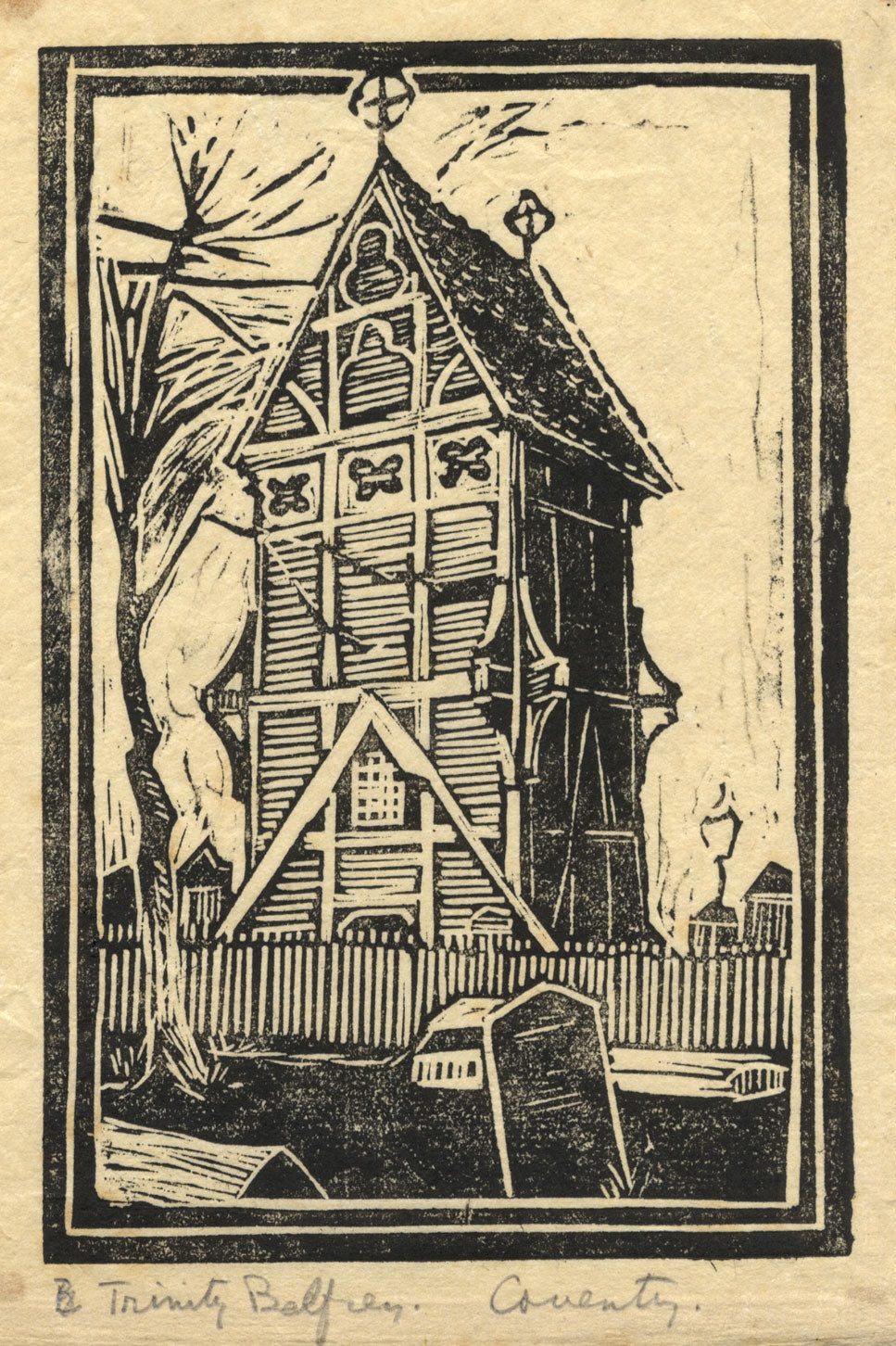 Kenneth E. Wootton, The Old Belfry, Priory Row, Coventry – c.1930s linocut print