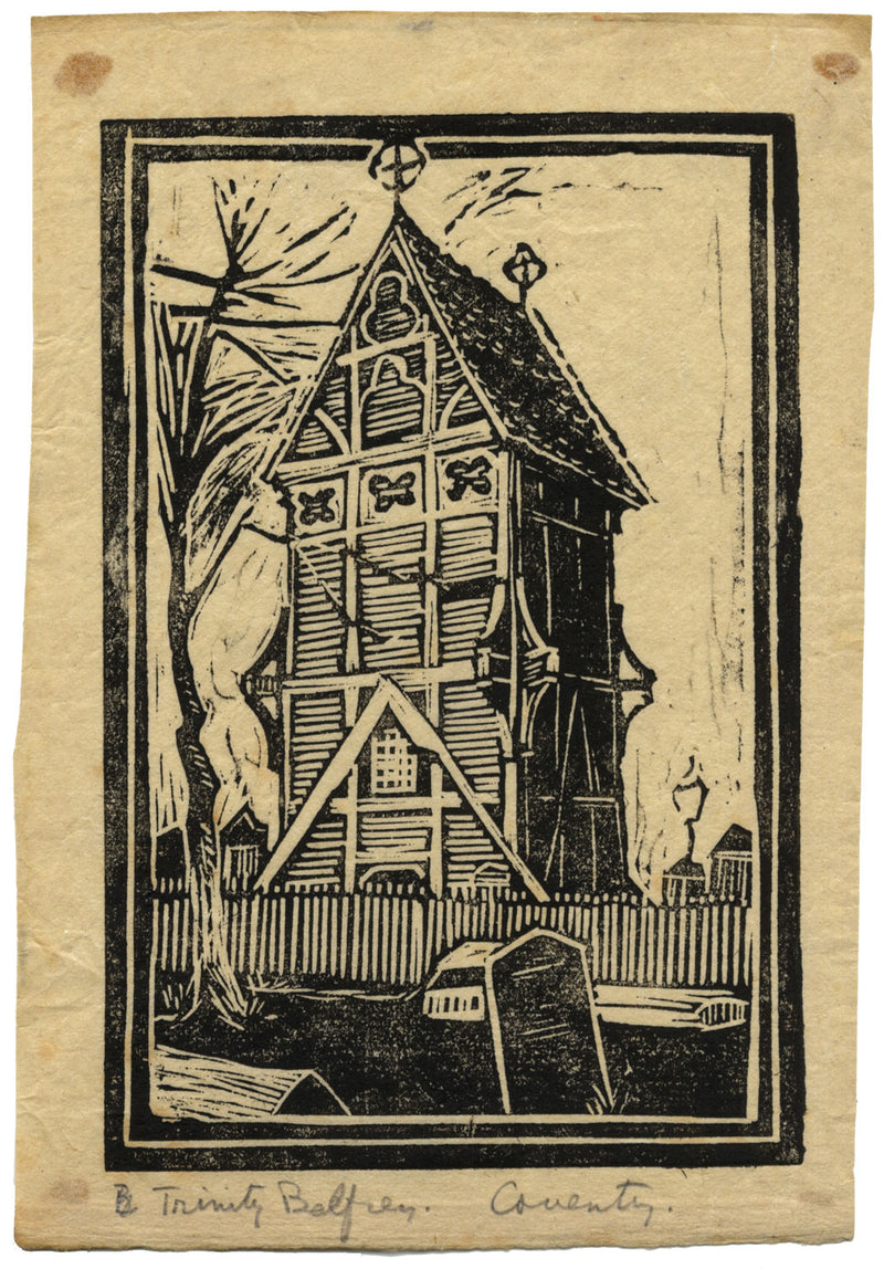 Kenneth E. Wootton, The Old Belfry, Priory Row, Coventry – stampa linoleografica degli anni '30 circa