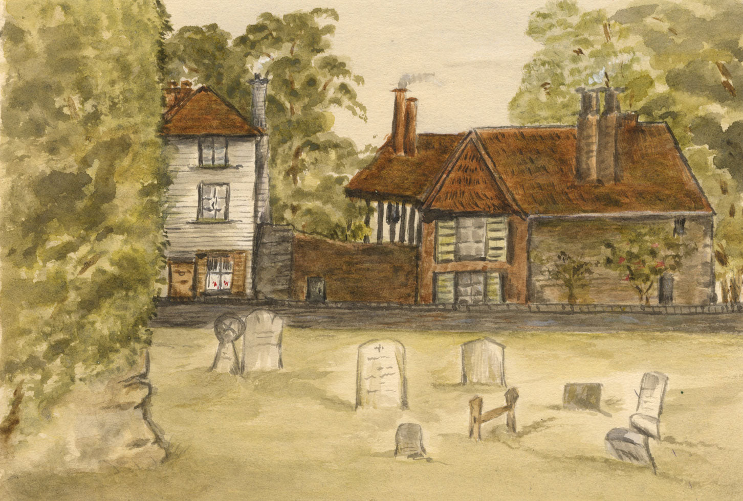 Church Graveyard View, Possibly Kent – early 20th-century watercolour painting