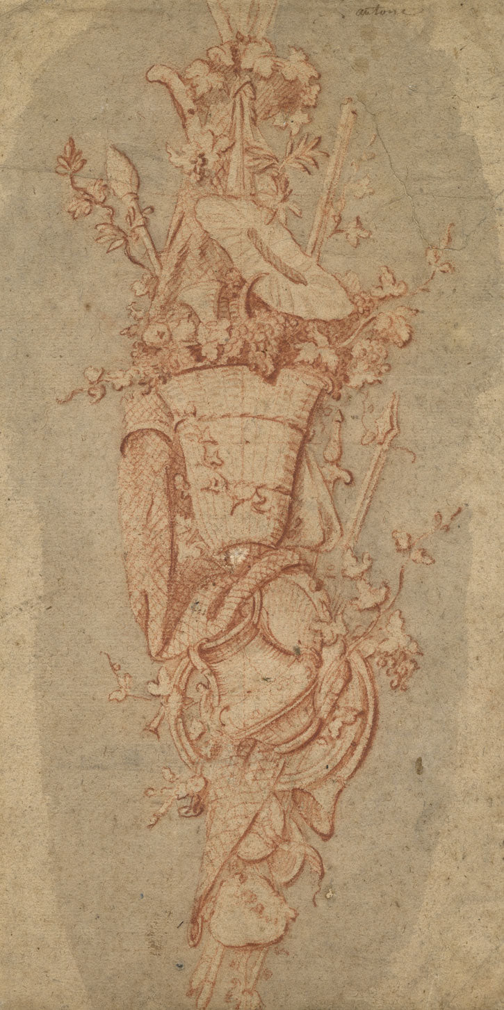 French School, L'autone Cornucopia Decorative Ornament – C17th red chalk drawing