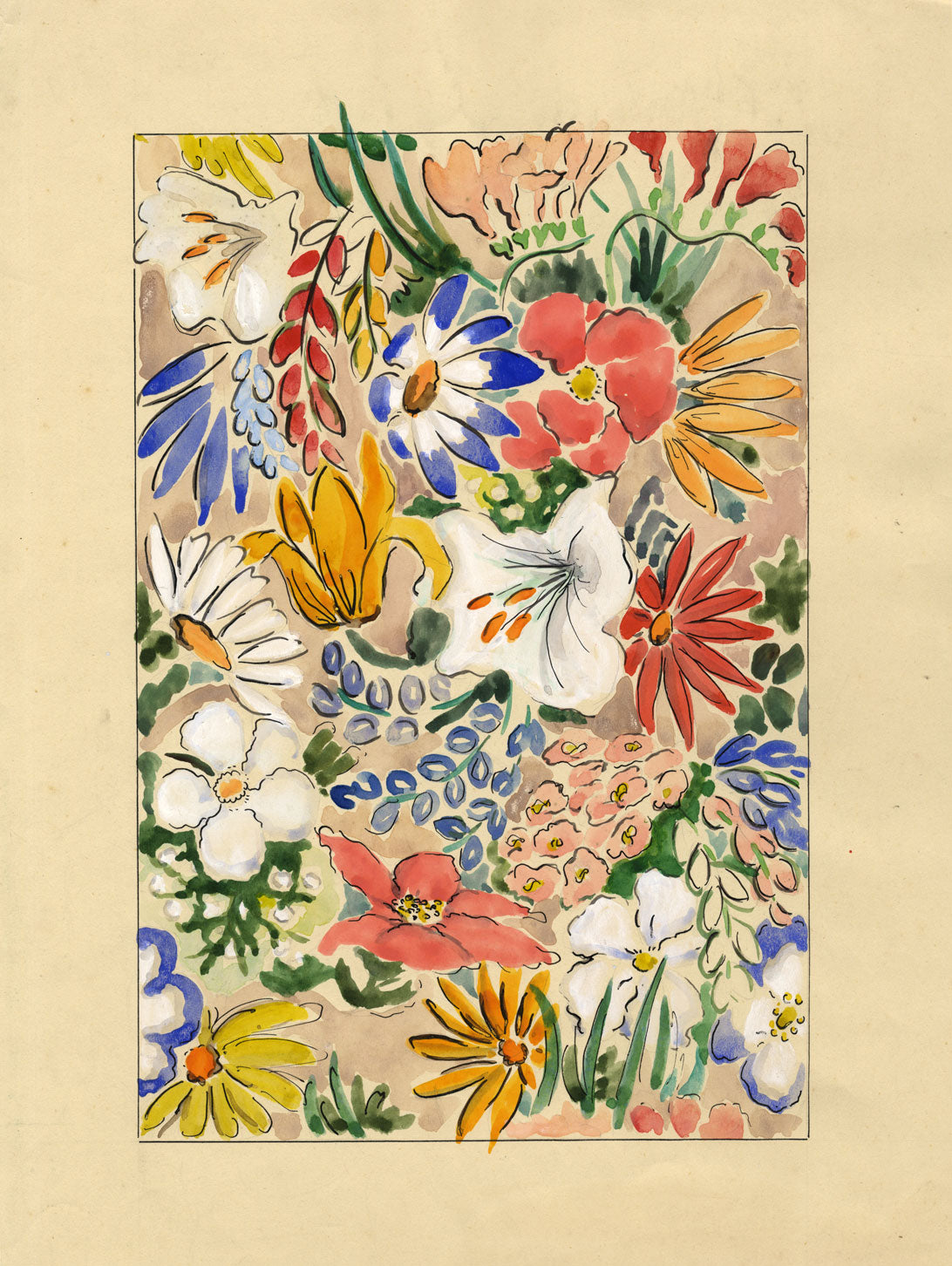 Jean Mary Ogilvie, Vintage Flower Bloom Pattern Design – 1930s gouache painting