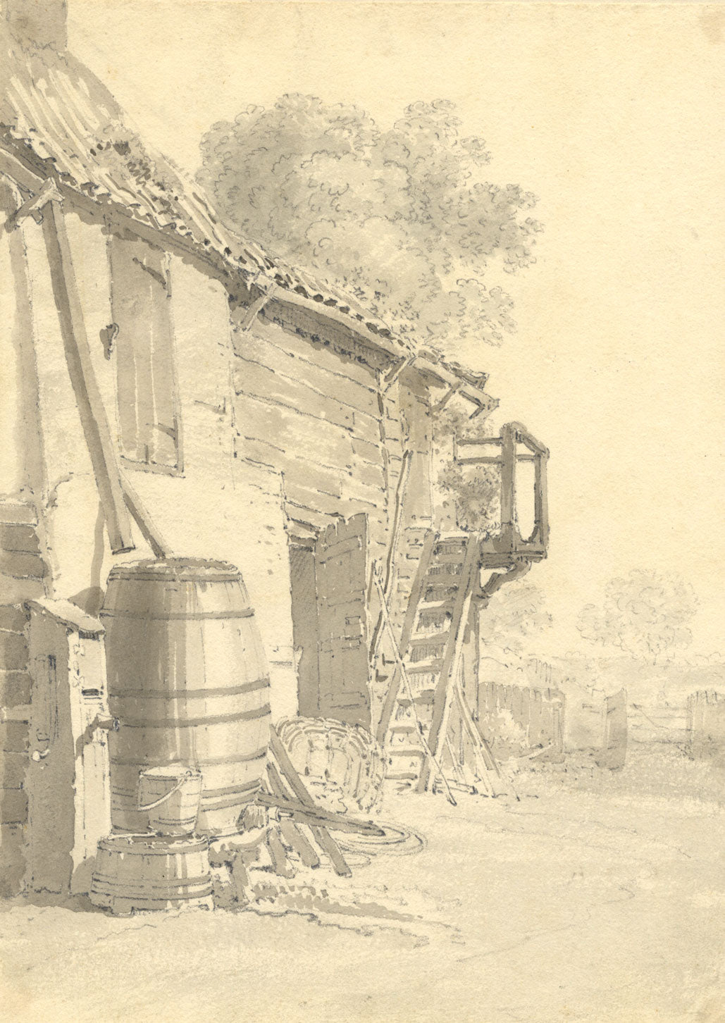 John Monro, Farmyard Study – Original c.1830s grey wash drawing