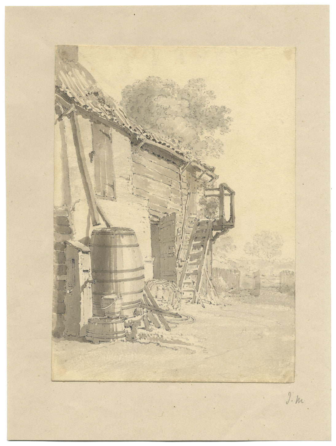 John Monro, Farmyard Study – Original c.1830s grey wash drawing