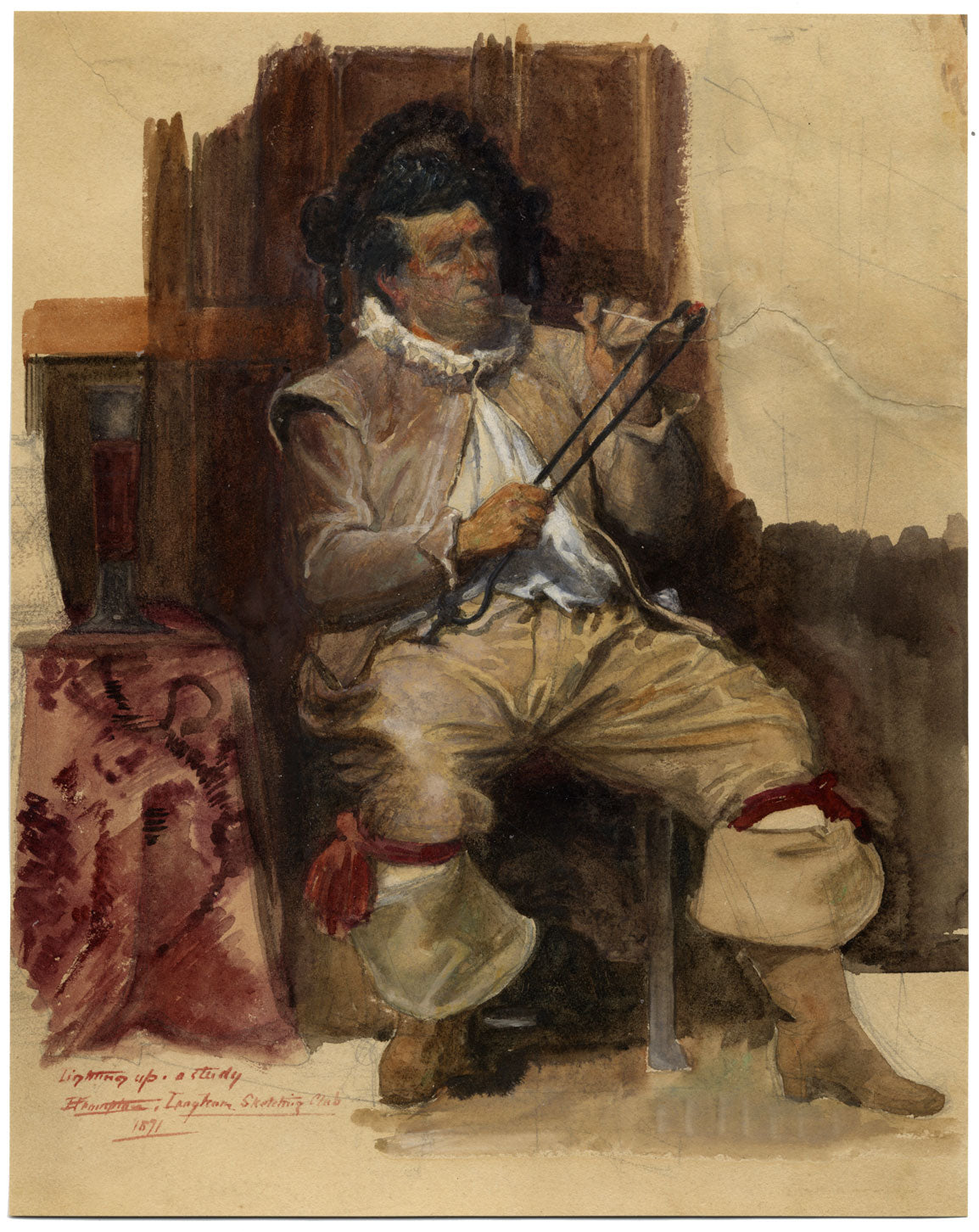 E. Frampton, Lighting Up, A Study (Man with Pipe) – 1891 watercolour painting