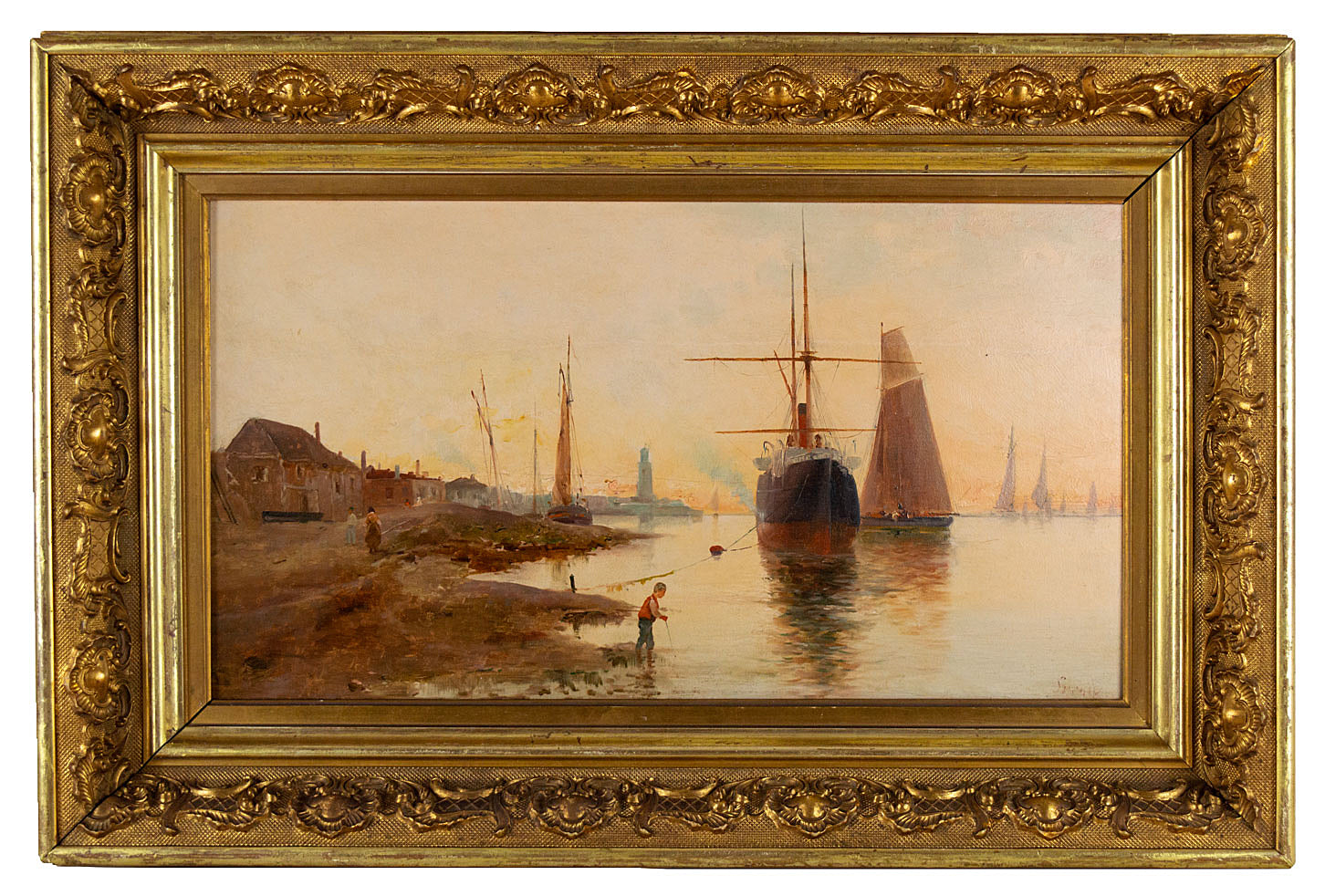 Attrib. Thomas Spinks, Harbour Boats at Dusk –C19th framed oil painting on panel