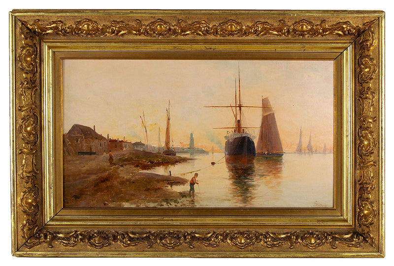 Attrib. Thomas Spinks, Harbour Boats at Dusk –C19th framed oil painting on panel