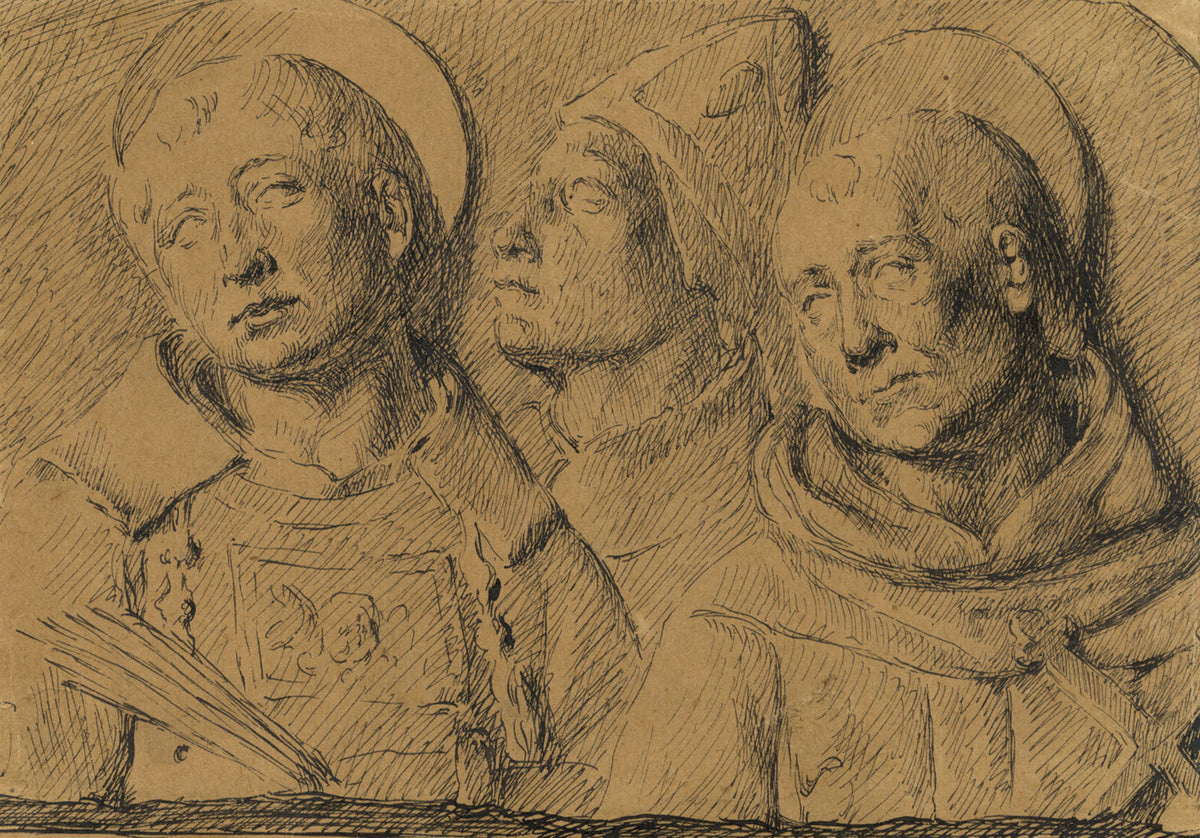 G. Cervelli, Triple Portrait, Saints in Relief – 1910s pen & ink drawing