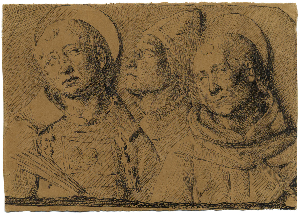 G. Cervelli, Triple Portrait, Saints in Relief – 1910s pen & ink drawing
