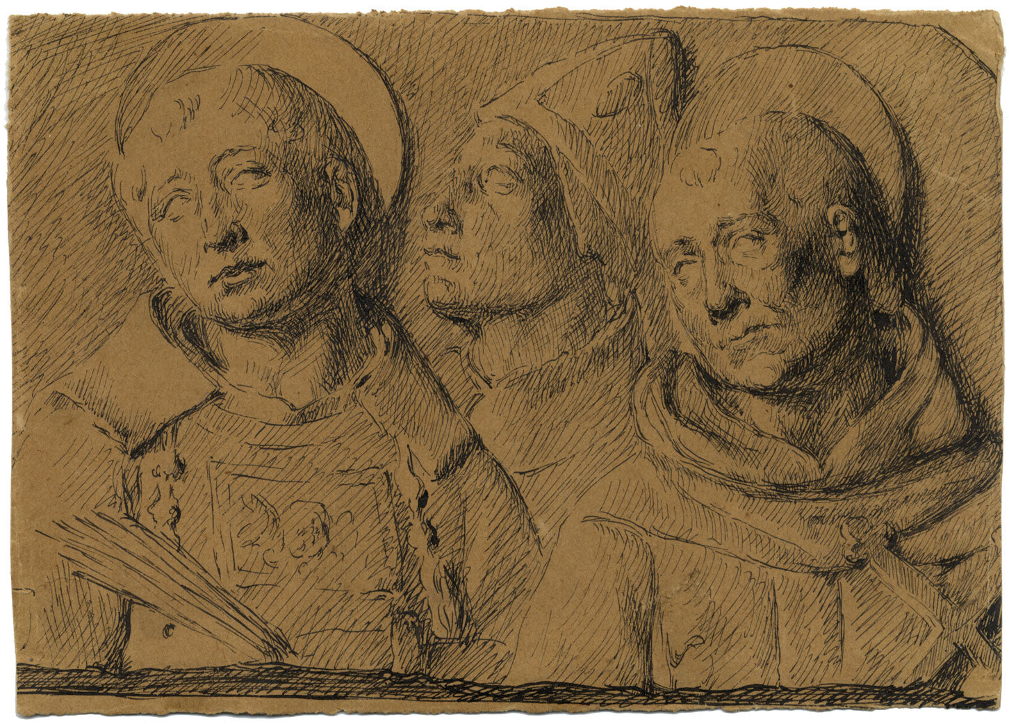 G. Cervelli, Triple Portrait, Saints in Relief – 1910s pen & ink drawing