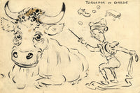 G. Cervelli, Toréador en Garde Satirical French Cartoon –1910s pen & ink drawing