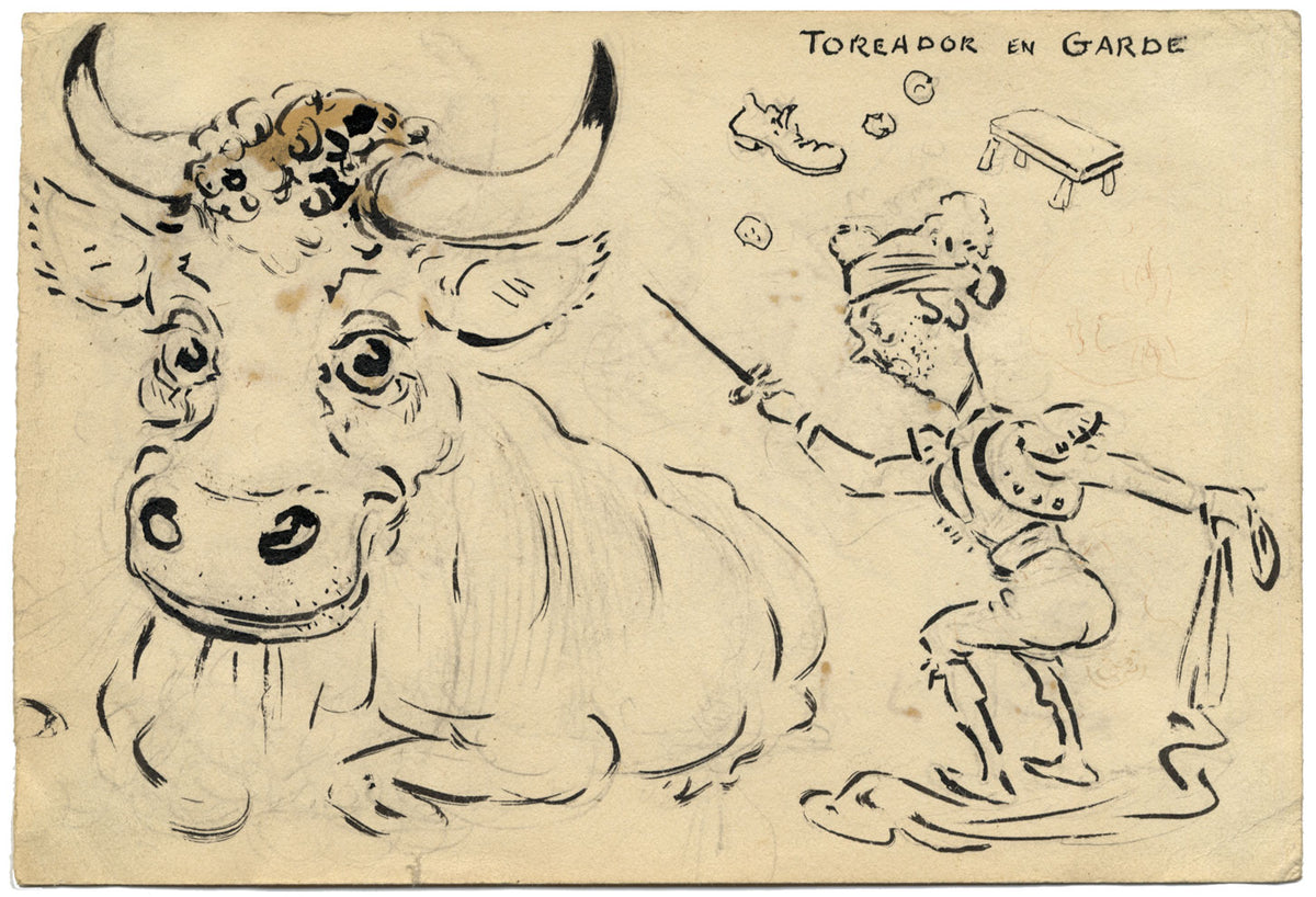G. Cervelli, Toréador en Garde Satirical French Cartoon –1910s pen & ink drawing