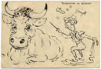 G. Cervelli, Toréador en Garde Satirical French Cartoon –1910s pen & ink drawing