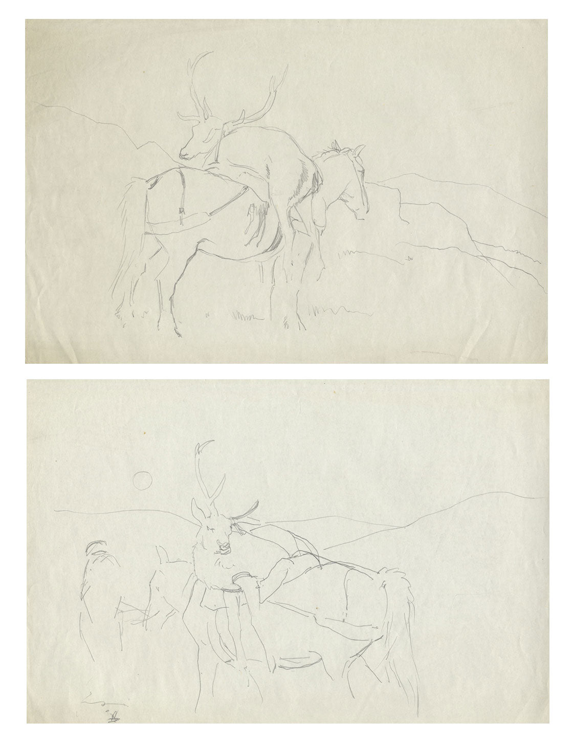 John Murray Thomson RSA, Horse Carrying a Dead Stag – 2 x mid-C20th drawings