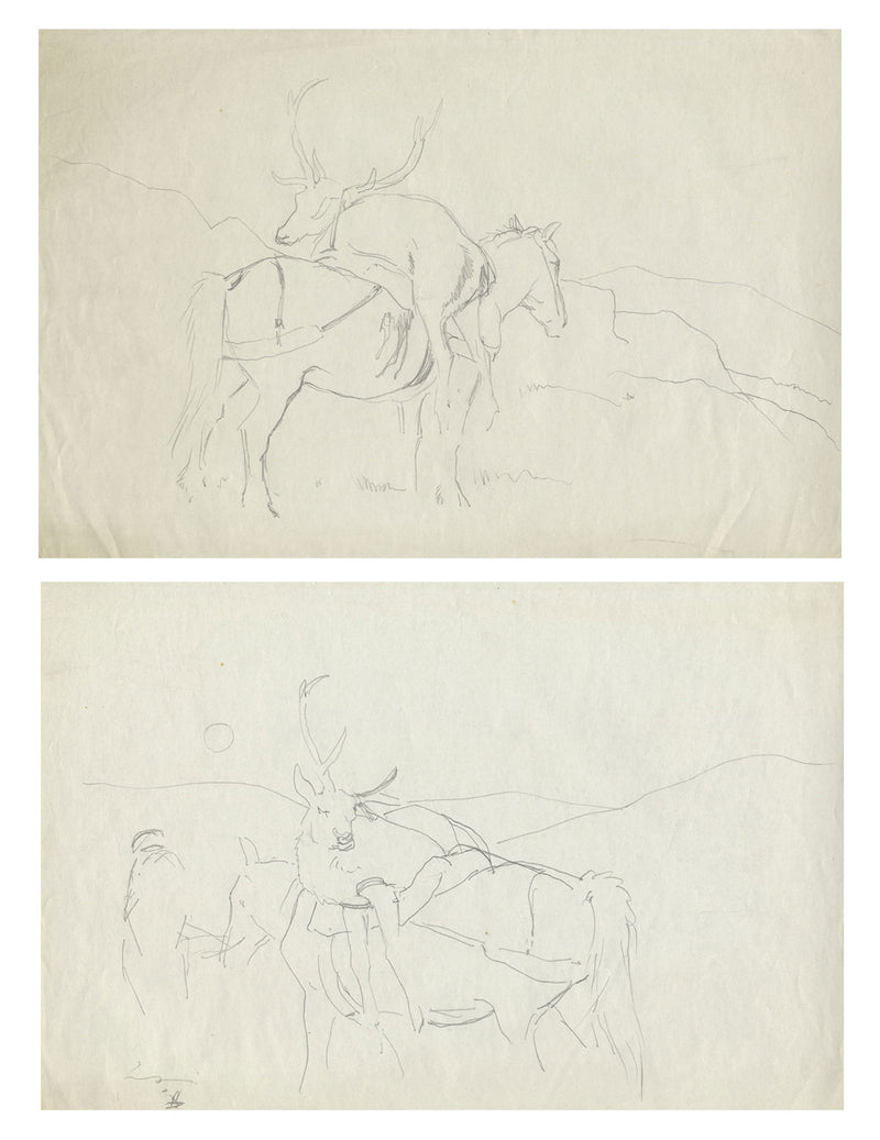 John Murray Thomson RSA, Horse Carrying a Dead Stag – 2 x mid-C20th drawings