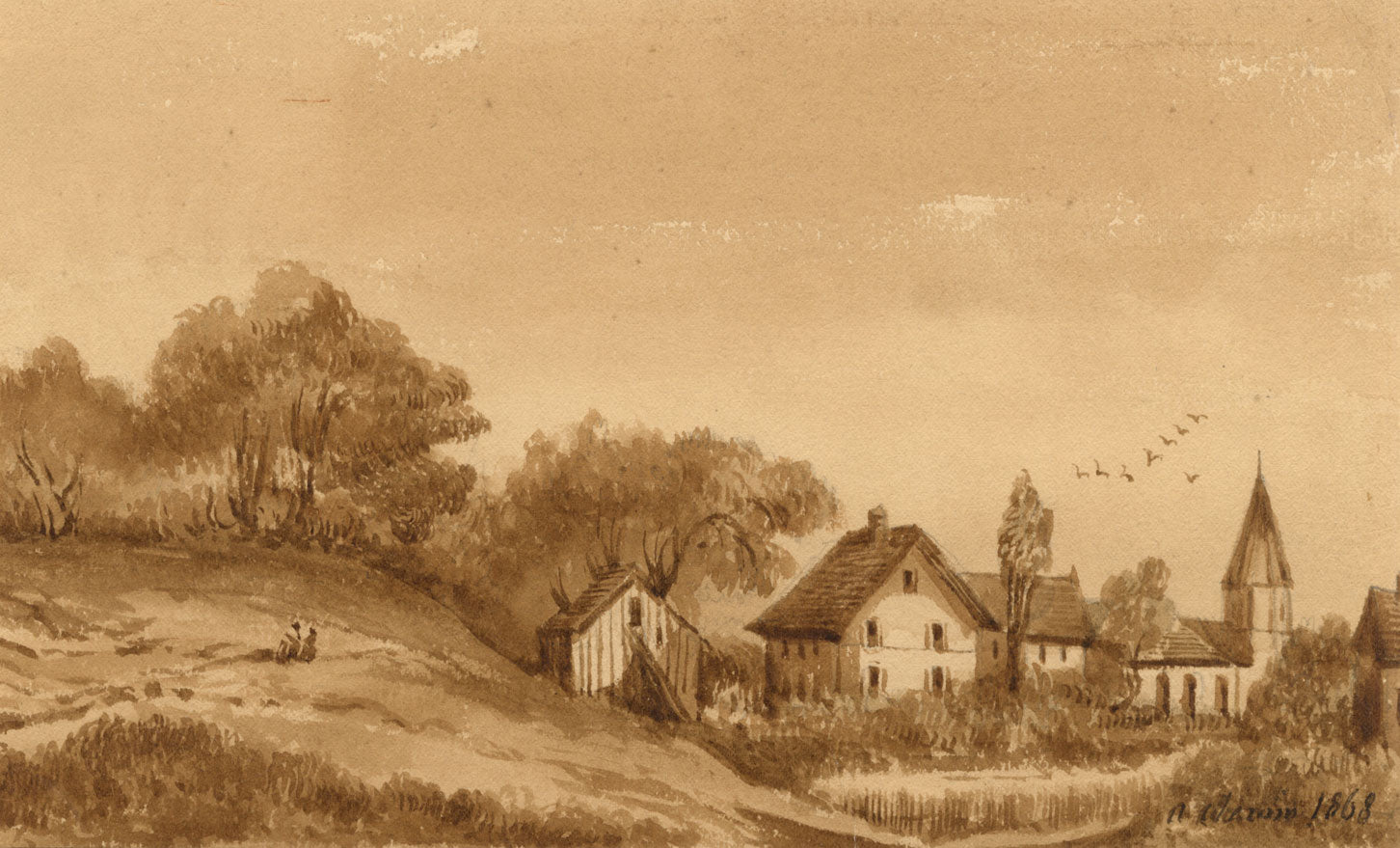 A. Cleroin, Houses & Church, Switzerland – Original 1868 watercolour painting