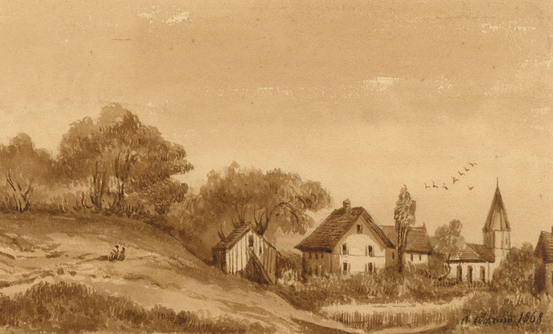 A. Cleroin, Houses & Church, Switzerland – Original 1868 watercolour painting