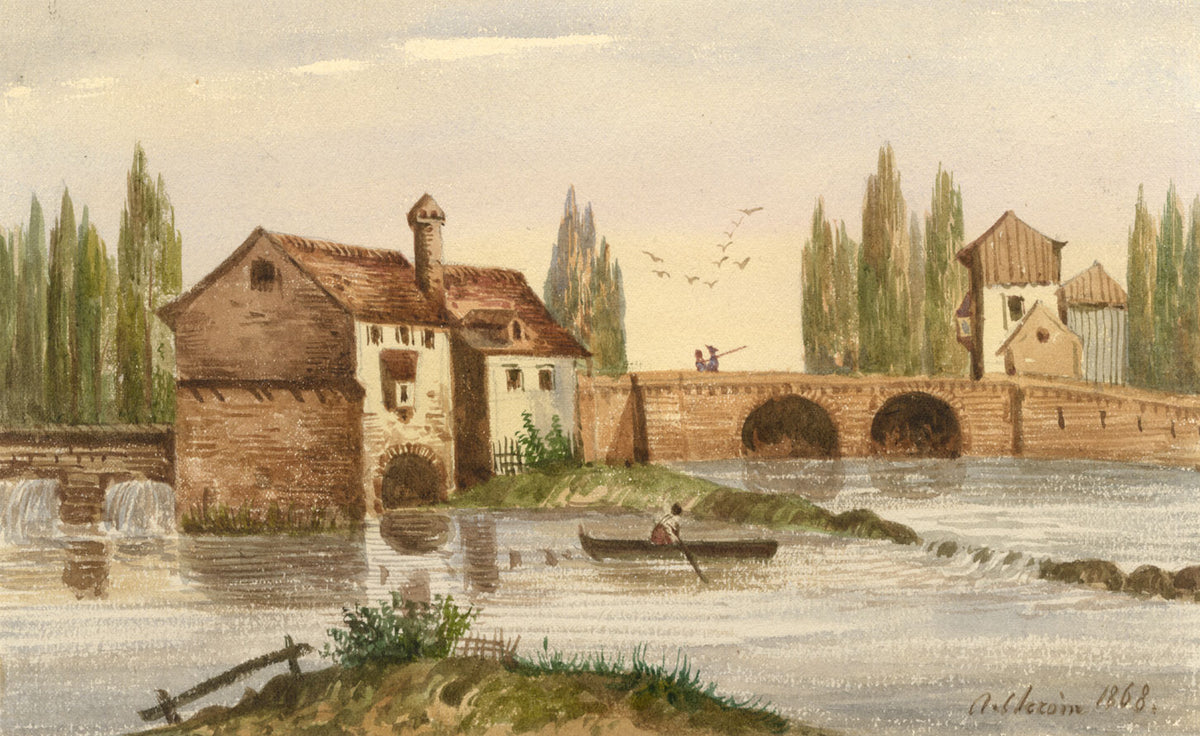 A. Cleroin, Bridge with Houses, Switzerland – Original 1868 watercolour painting